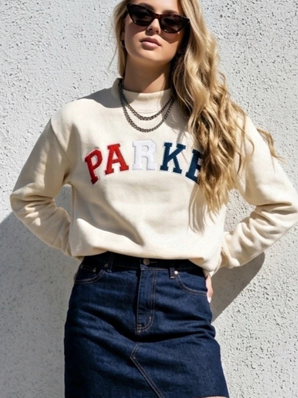 PARKE Embroidered Crewneck Sweatshirt in Cream Large NWT